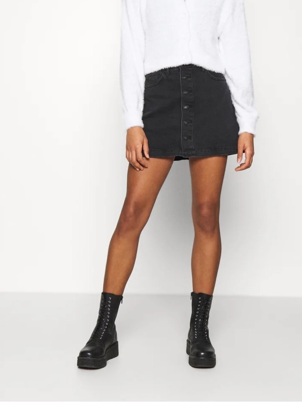 Button-Front Black Denim Mini Skirt